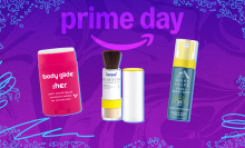 body glide anti chafe balm, supergoop powder sunscreen, and spf scalp spray on purple prime day background