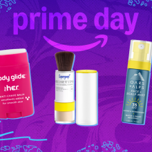 body glide anti chafe balm, supergoop powder sunscreen, and spf scalp spray on purple prime day background
