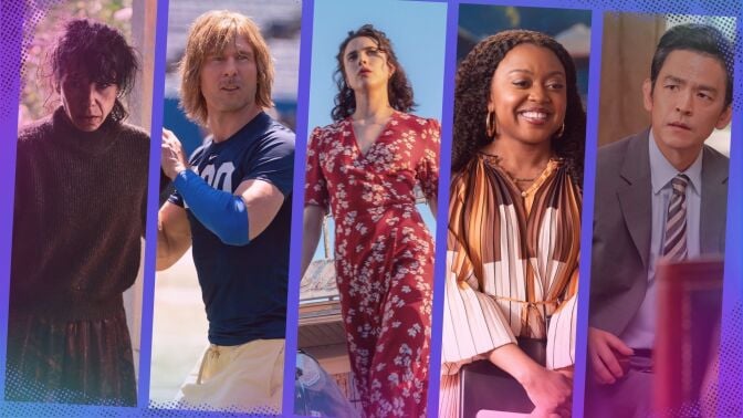 Five images from TV and movies streaming this week bordered with bright purple and blue.