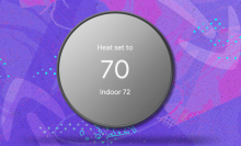 Google Nest Thermostat on purple and pink abstract background