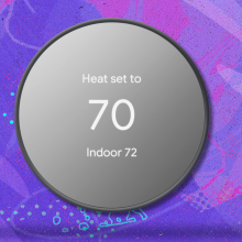 Google Nest Thermostat on purple and pink abstract background