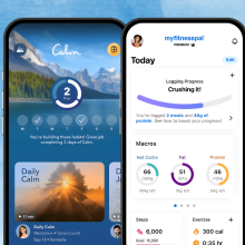 The calm and myfitnesspal app against a blue background. 