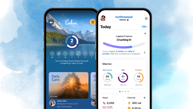 The calm and myfitnesspal app against a blue background. 