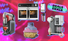 Ninja Slushi, Ninja French Door toaster oven and smart thermometer, Ninja Crispi air fryer, and Ninja Creami Scoop and Swirl ice cream maker arranged on pink backdrop with "Deals" tag in corner