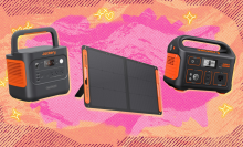 Jackery power stations and solar panel with pink and orange background