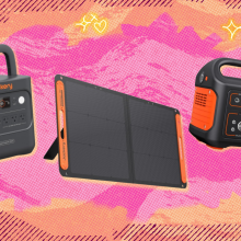 Jackery power stations and solar panel with pink and orange background