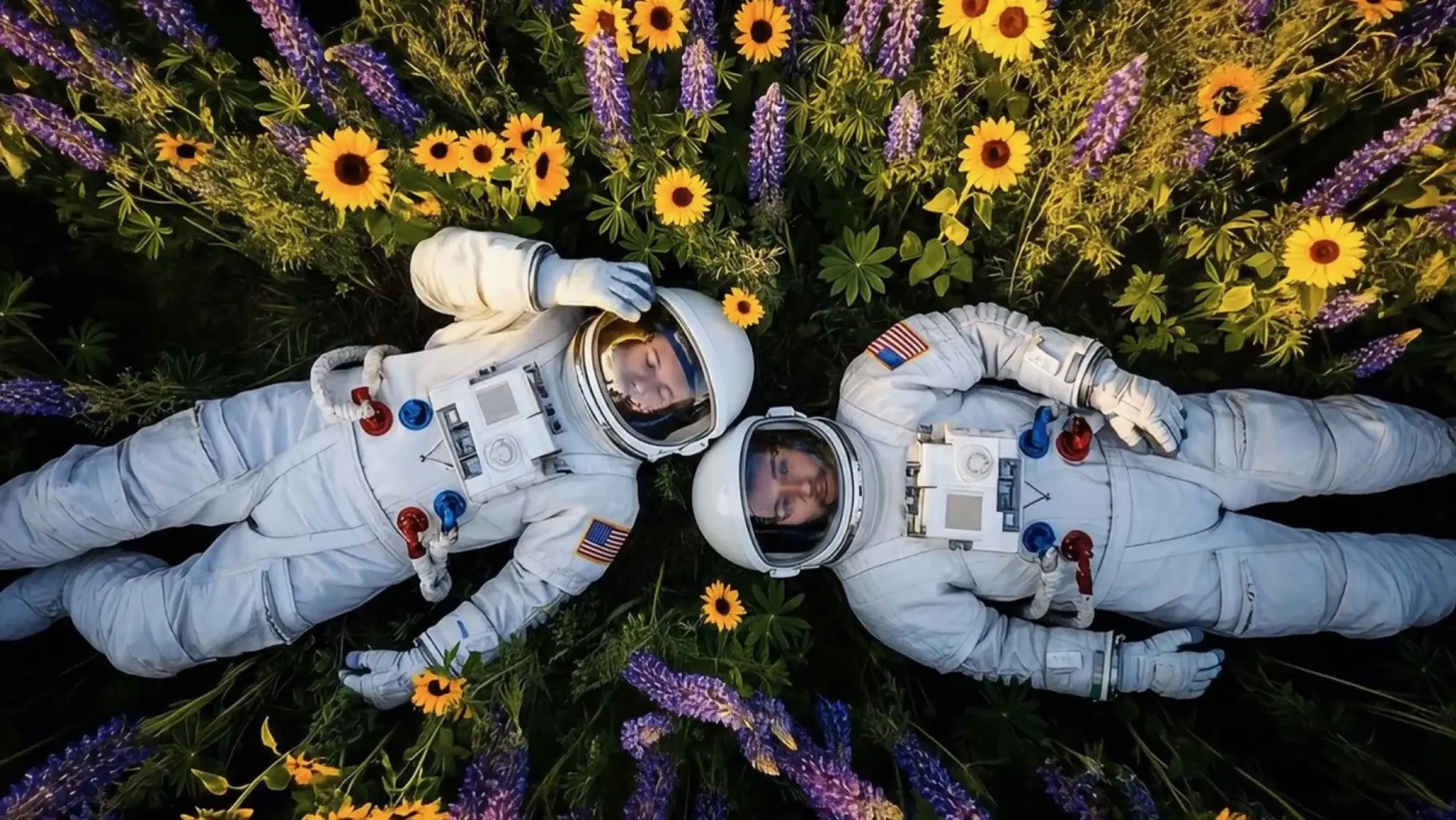 screenshot from a video produced with google veo 3 depicting two astronauts in a field of flowers