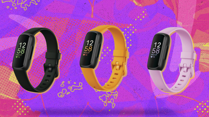 Fitbit Inspire 3 in black, yellow, and pink with colorful purple and pink background