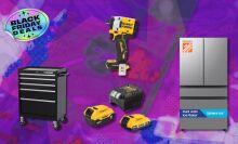 Home Depot Black Friday deal items on pink and purple abstract background