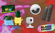 Lego plants, Blink Mini camera, Apple AirTag, and Fire TV Stick with red background