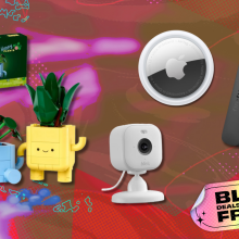 Lego plants, Blink Mini camera, Apple AirTag, and Fire TV Stick with red background