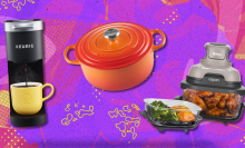 The Keurig single-serve mini, le creuset dutch oven, and ninja crispi against a colorful background.