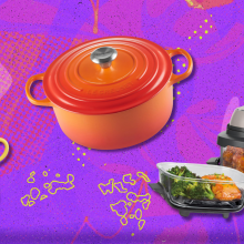 The Keurig single-serve mini, le creuset dutch oven, and ninja crispi against a colorful background.