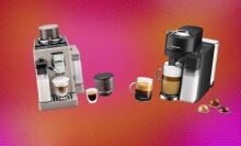 two De'Longhi espresso machines on a pink and orange background