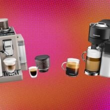 two De'Longhi espresso machines on a pink and orange background