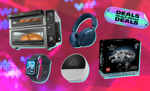 Ninja air fryer oven, Apple Watch, Echo Spot, Bose headphones, and Lego Star Wars box on a busy pink background that indicates black friday sales