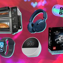 Ninja air fryer oven, Apple Watch, Echo Spot, Bose headphones, and Lego Star Wars box on a busy pink background that indicates black friday sales