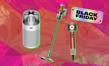 Dyson HushJet air purifier, Dyson V12 Detect Slim vacuum, Dyson Supersonic Nural hair dryer arranged on pink backdrop with "Black Friday" tag in corner