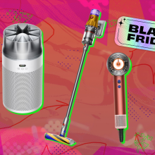 Dyson HushJet air purifier, Dyson V12 Detect Slim vacuum, Dyson Supersonic Nural hair dryer arranged on pink backdrop with "Black Friday" tag in corner