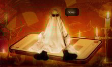 person in ghost costume wearing sunglasses saying sorry. they sit on top of a smartphone