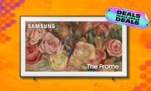 samsung the frame tv against an orange patterned background