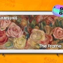 samsung the frame tv against an orange patterned background