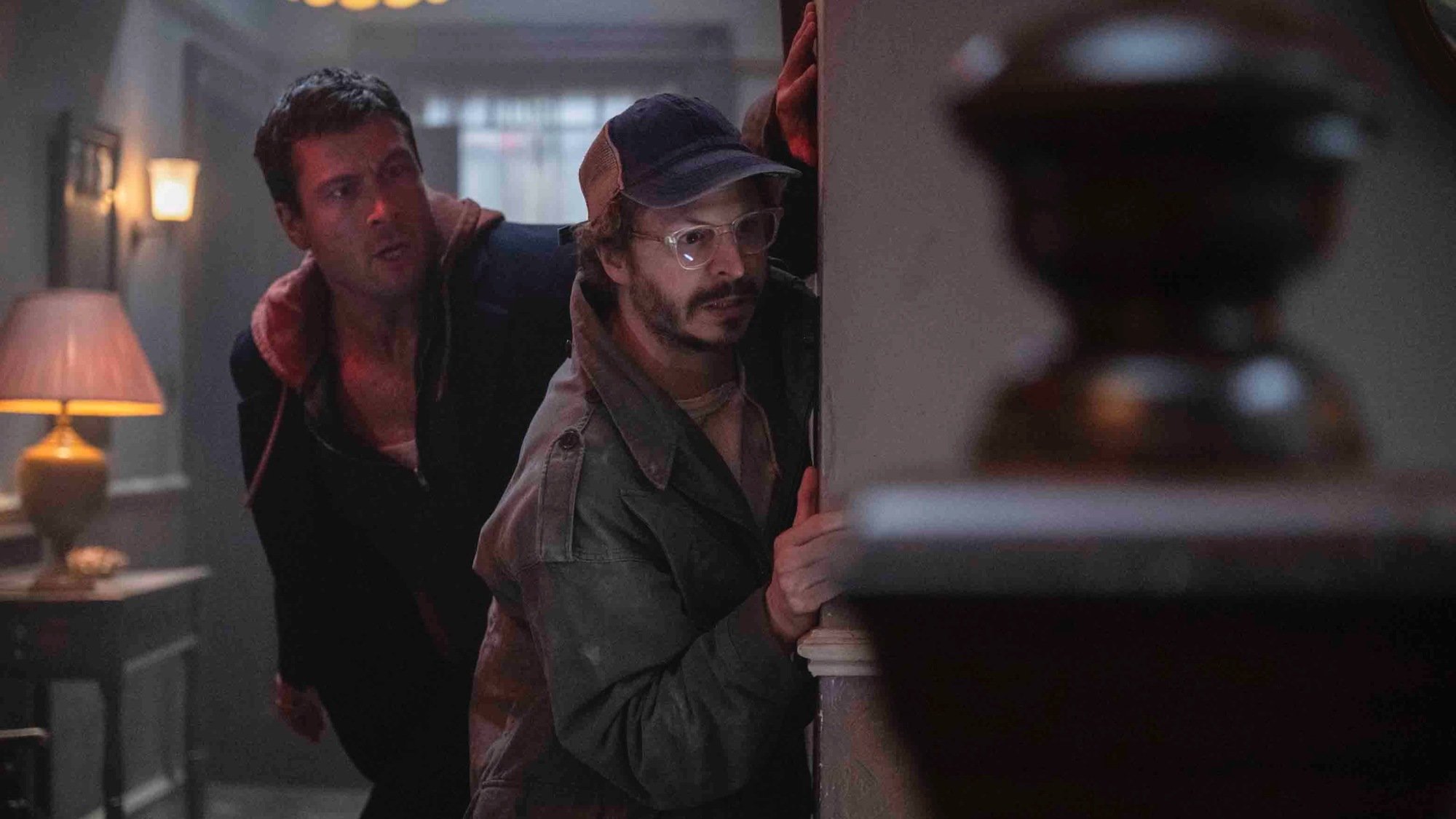 Glen Powell, left, and Michael Cera star in "The Running Man."