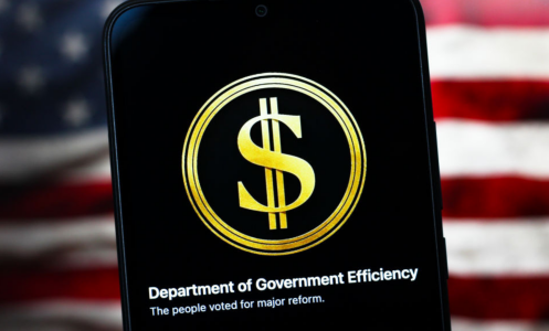 The United States Department of Government Efficiency (DOGE) logo is seen displayed on a smartphone screen.