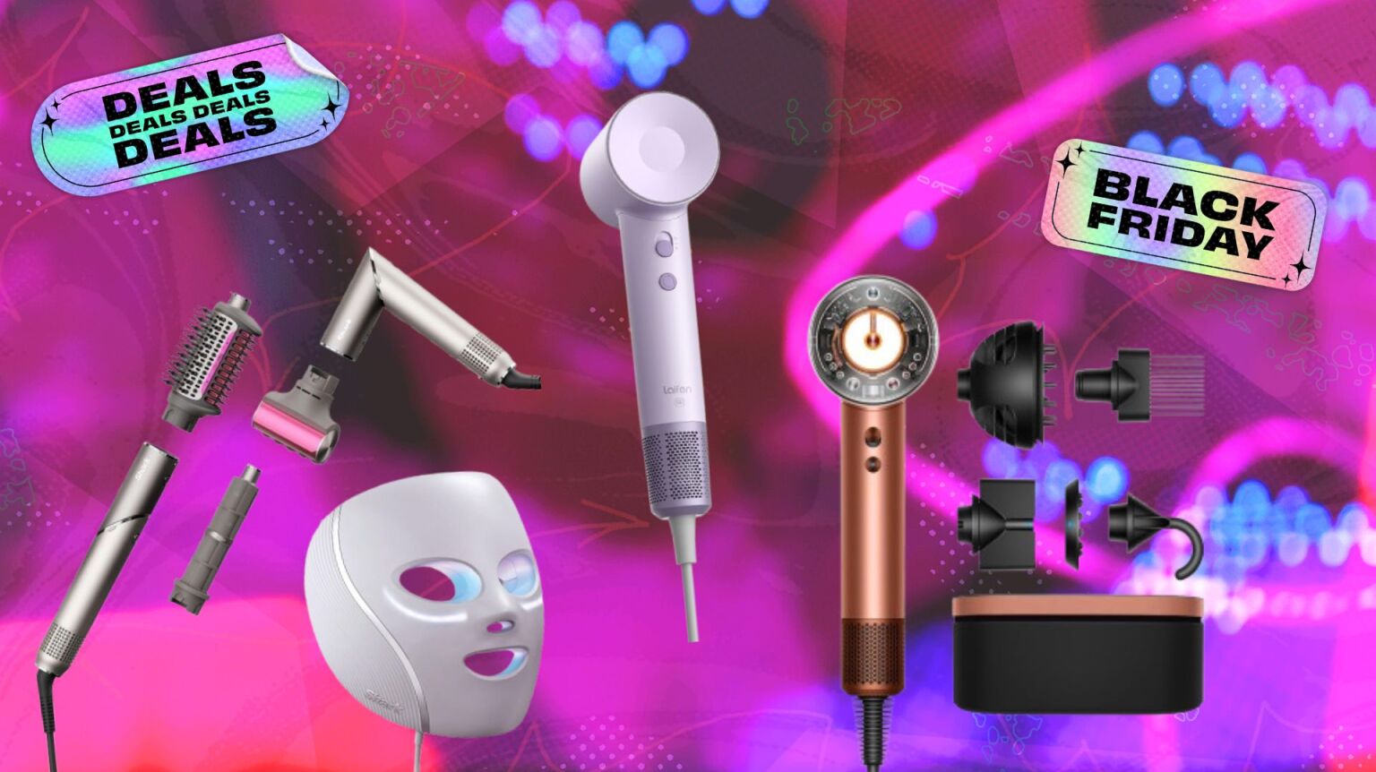 shark flexfusion, cryoglow mask, laifen swift se, and dyson airwrap i.d. on pink black friday background
