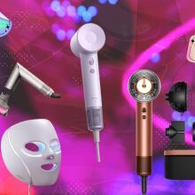 shark flexfusion, cryoglow mask, laifen swift se, and dyson airwrap i.d. on pink black friday background