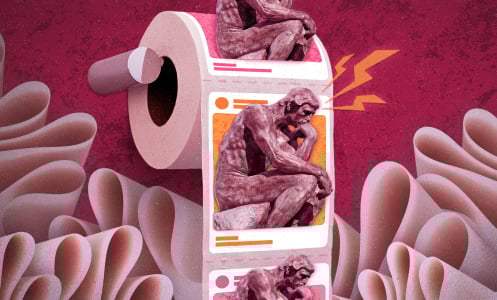 Roll of toilet paper illustrated with an image of 'The Thinker' sculpture. 
