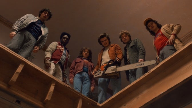 Finn Wolfhard, Caleb McLaughlin, Natalia Dyer, Joe Keery, Charlie Heaton, and Gaten Matarazzo in "Stranger Things."
