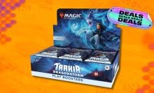 magic: the gathering tarkir: dragonstorm play booster box against an orange patterned background