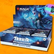 magic: the gathering tarkir: dragonstorm play booster box against an orange patterned background