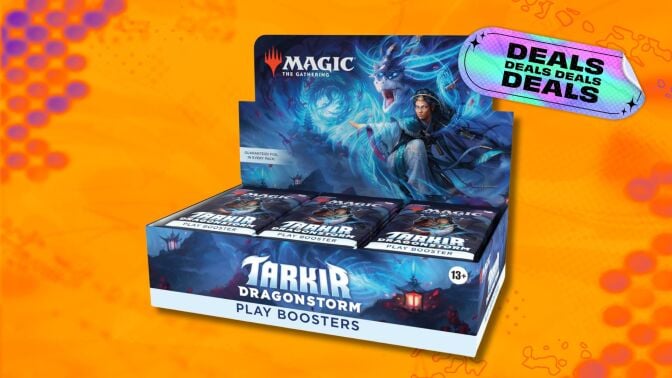 magic: the gathering tarkir: dragonstorm play booster box against an orange patterned background