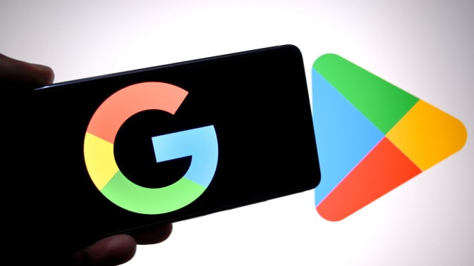 Google Play store logo next to Google logo
