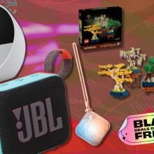 an amazon echo spot, JBL speaker, orastoe hand warmer, Lego bonsai tree set, and portable nutribullet blender all on a purple Black Friday background