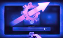 Illustration of hand pointing remote at TV to adjust brightness setting