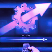 Illustration of hand pointing remote at TV to adjust brightness setting