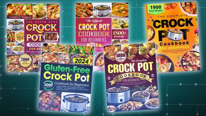A composite of the covers of five seemingly AI-generated crock pot cookbooks