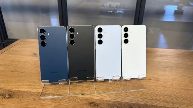 Four Samsung Galaxy S25 FE phones lined up horizontally in different colors