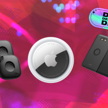 tile, apple, and eufy bluetooth trackers on abstract background