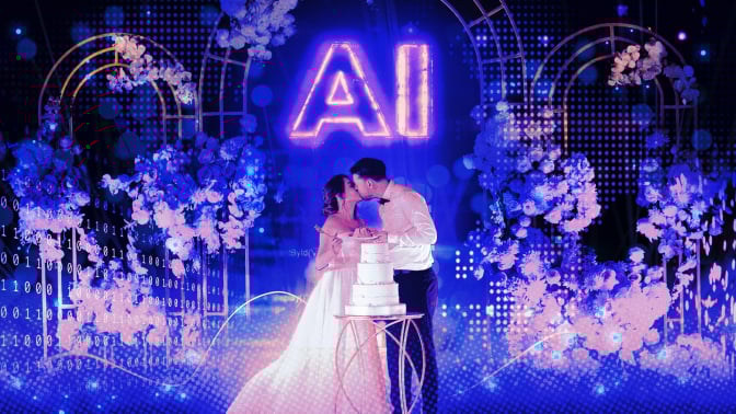 wedding couple kissing over cake with 'AI' looming over them
