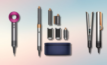 Dyson Supersonic, Airwrap, and Airstrait with blue and pink background