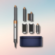 Dyson Supersonic, Airwrap, and Airstrait with blue and pink background