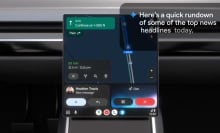 Google car dashboard screen showing Gemini pulling up a news summary