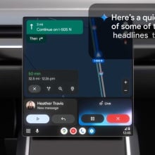 Google car dashboard screen showing Gemini pulling up a news summary