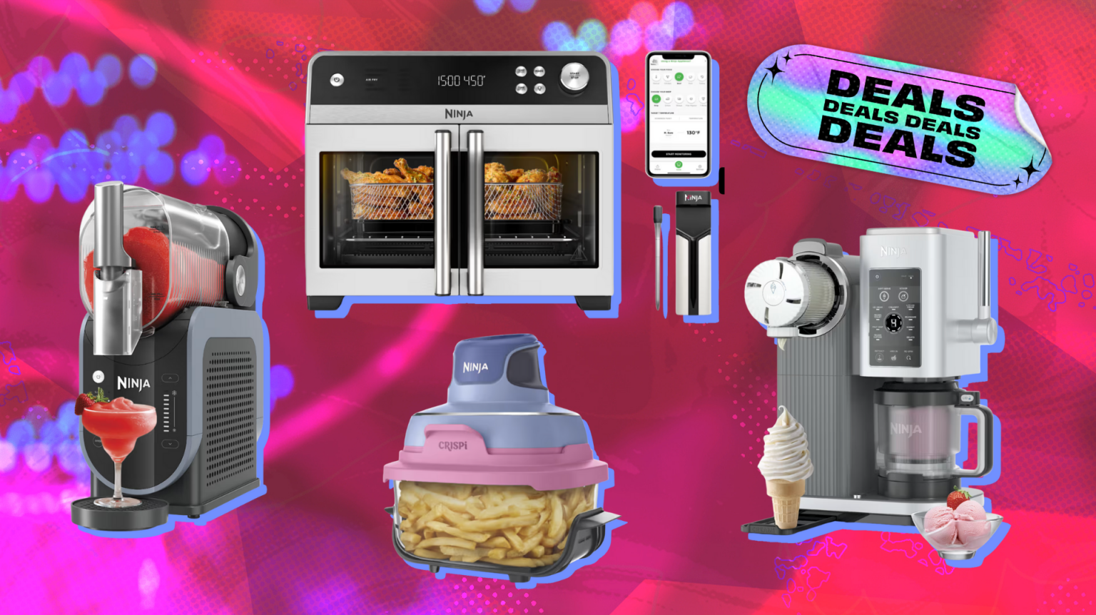 Ninja Slushi, Ninja French Door toaster oven and smart thermometer, Ninja Crispi air fryer, and Ninja Creami Scoop and Swirl ice cream maker arranged on pink backdrop with "Deals" tag in corner
