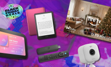 Amazon devices with purple black friday background