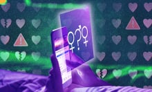 A composite illustration showing a person scrolling in bed with the "Are We Dating The Same Guy" Facebook group on their phone screen.